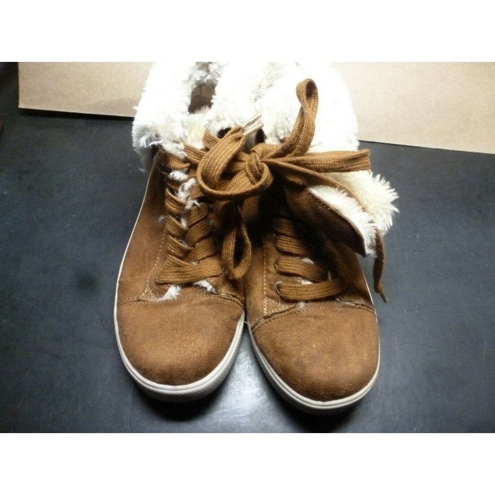 BRASH Woman Ankle Boots Sz 8.5 Suede Cognac Lace Up Fold Down Faux Fur Inside